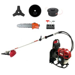 Brush cutter with blade and chainsaw attachment for farm use in Ghana