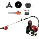 Brush cutter with blade and chainsaw attachment for farm use in Ghana