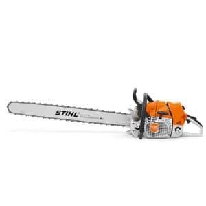STIHL petrol chainsaw with long guide bar for wood cutting and forestry work