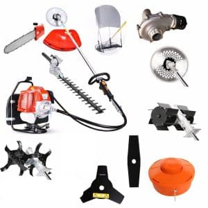 Multi function brush cutter set with blades, chainsaw, hedge trimmer and cultivator attachments