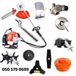 Multi-function brush cutter set with chainsaw, hedge trimmer, tiller, metal blades, and nylon trimmer head for farming and land clearin